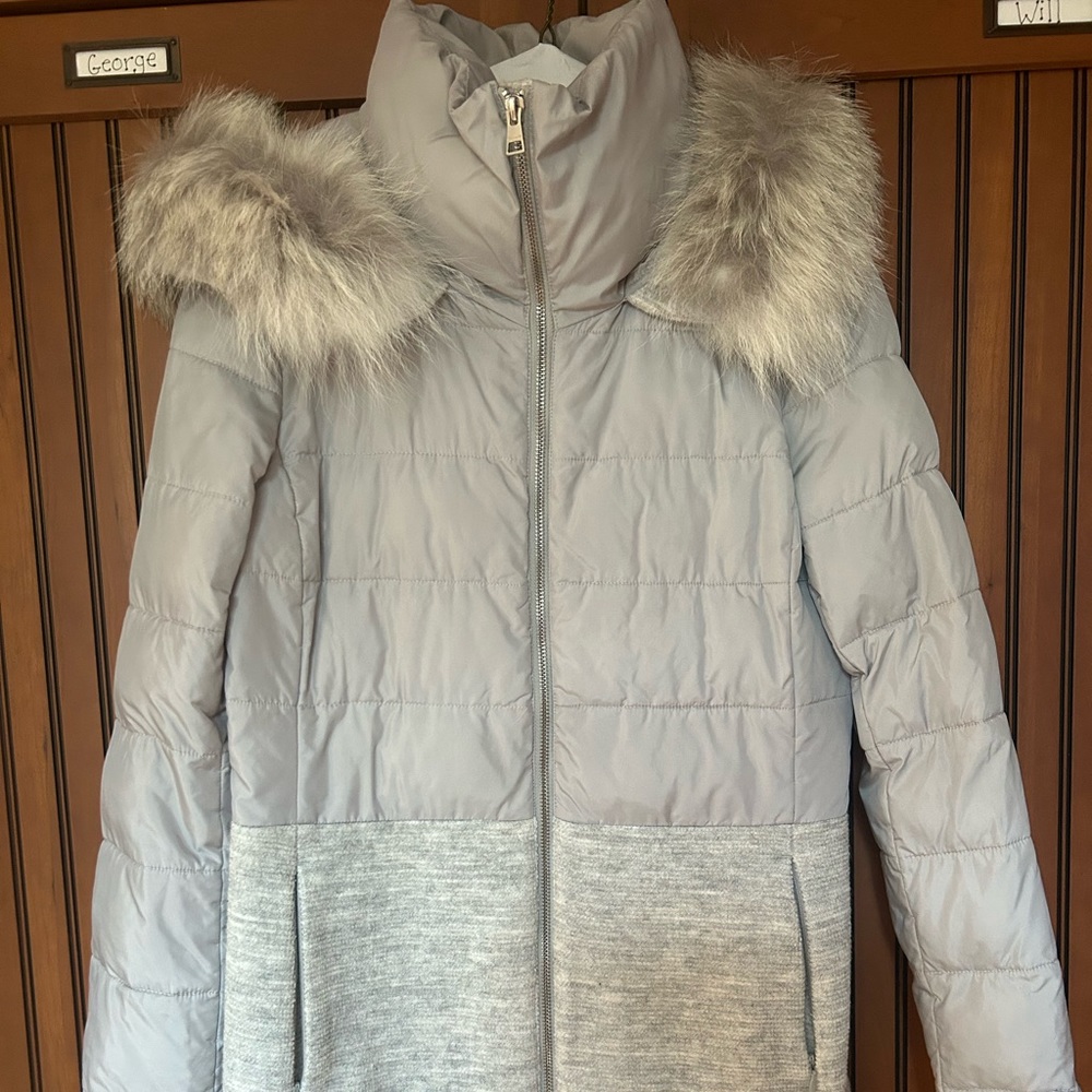 SOIA&KYO down/wool coat w/ coyote fur trim